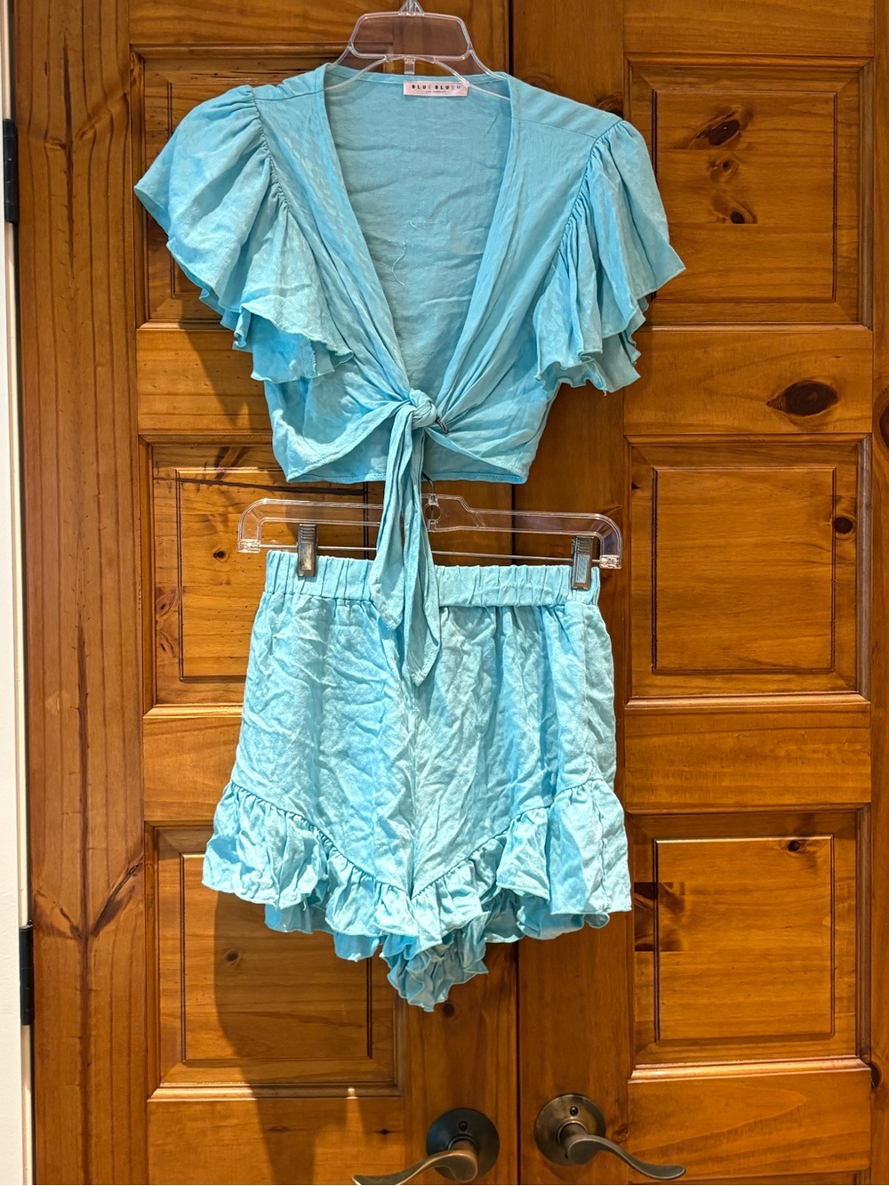 Blue Two-Piece Ruffle short Set with Tie Front